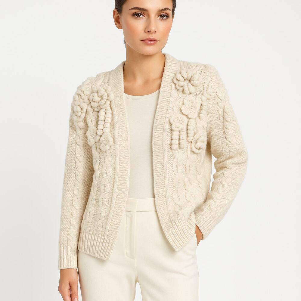 Ulla Johnson Cream 3D Floral Alpaca Cable Knit Embellished Cardigan Sweater